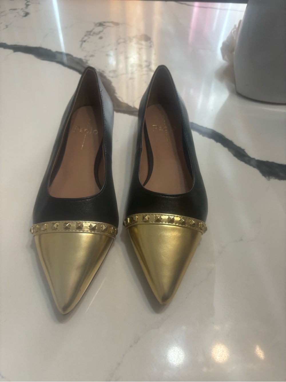 Paolo Black and Gold Pointed-Toe Stud-Trim Flats